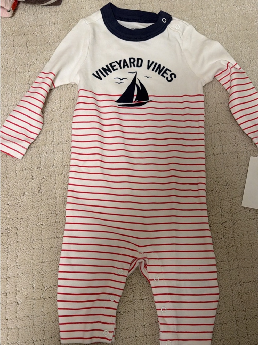 Vineyard Vines Red and White Striped Baby Footie with Navy Sailboat